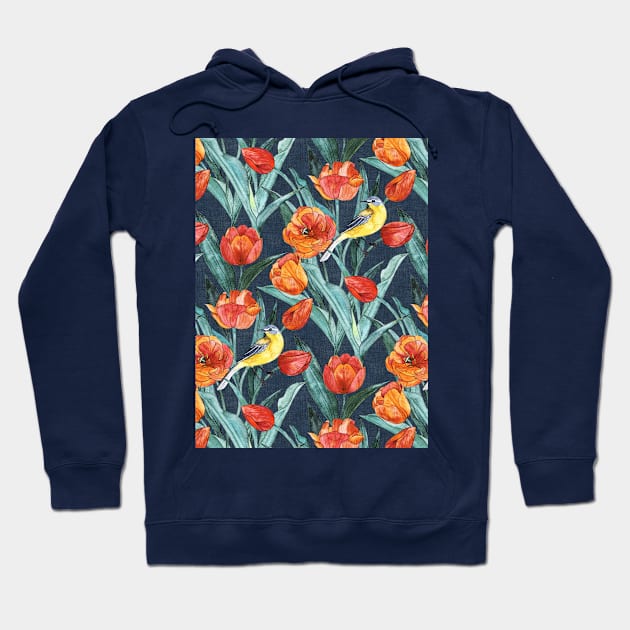 Blue Headed Wagtail in the Tulips - Indigo and Orange Hoodie by micklyn